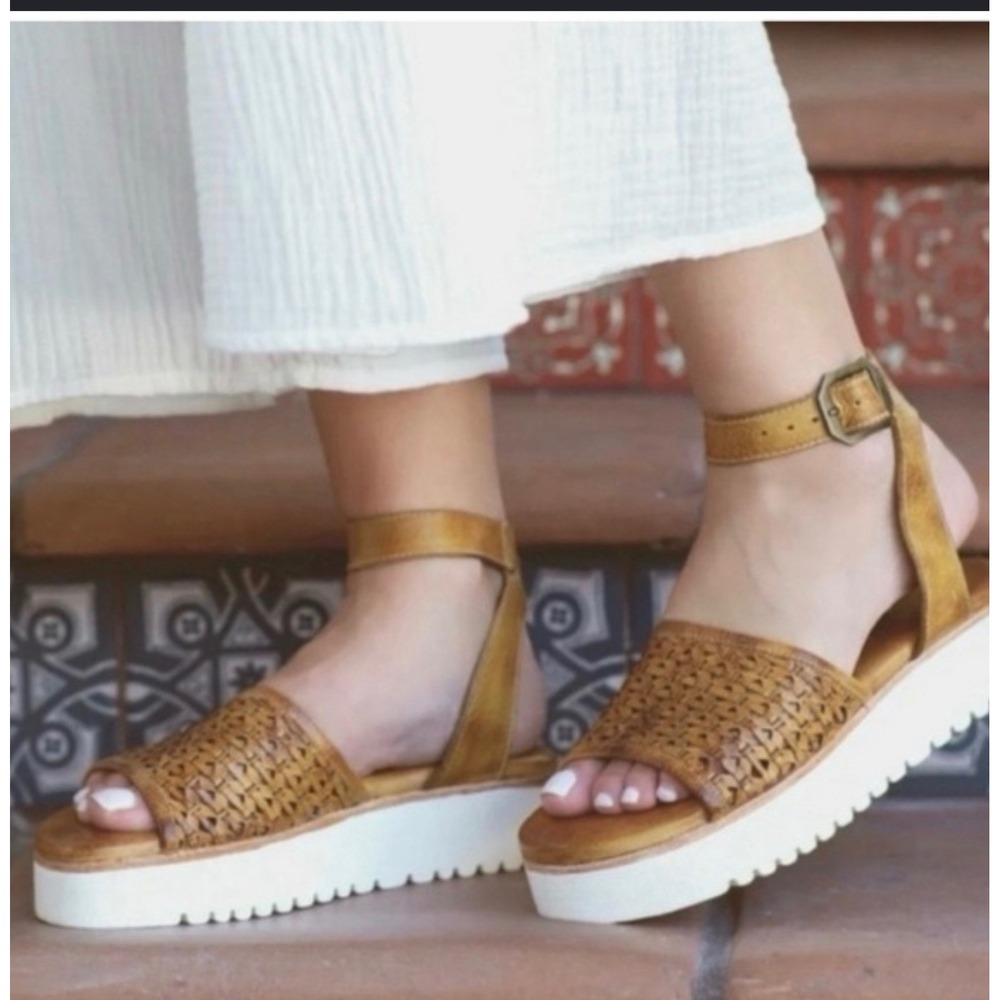 Bed Stu Nandi Tan Honey Woven Leather Ankle Strap Platform Sandals Womens 7